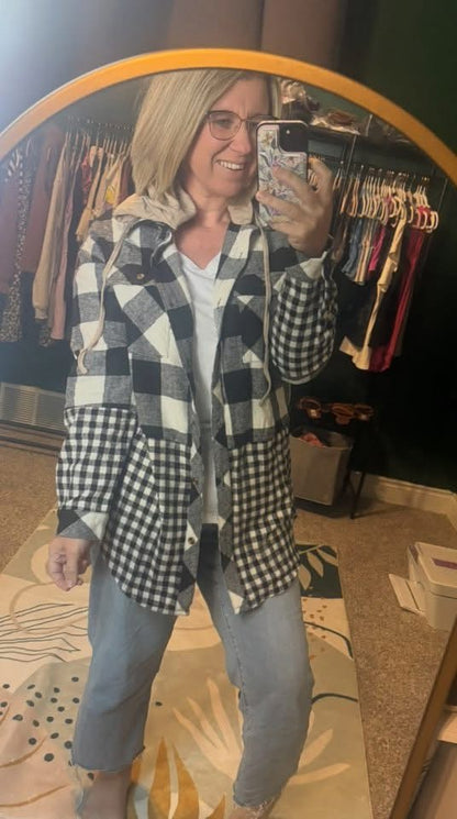 Double Plaid Patchwork Drawstring Hooded Jacket