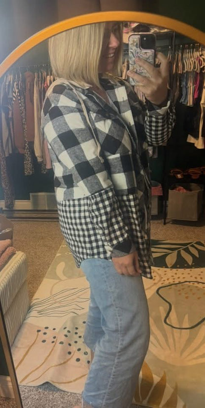 Double Plaid Patchwork Drawstring Hooded Jacket